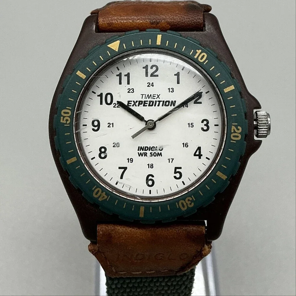 Timex Expedition Mens Watch 38mm White Dial Brown Green Indiglo New Battery